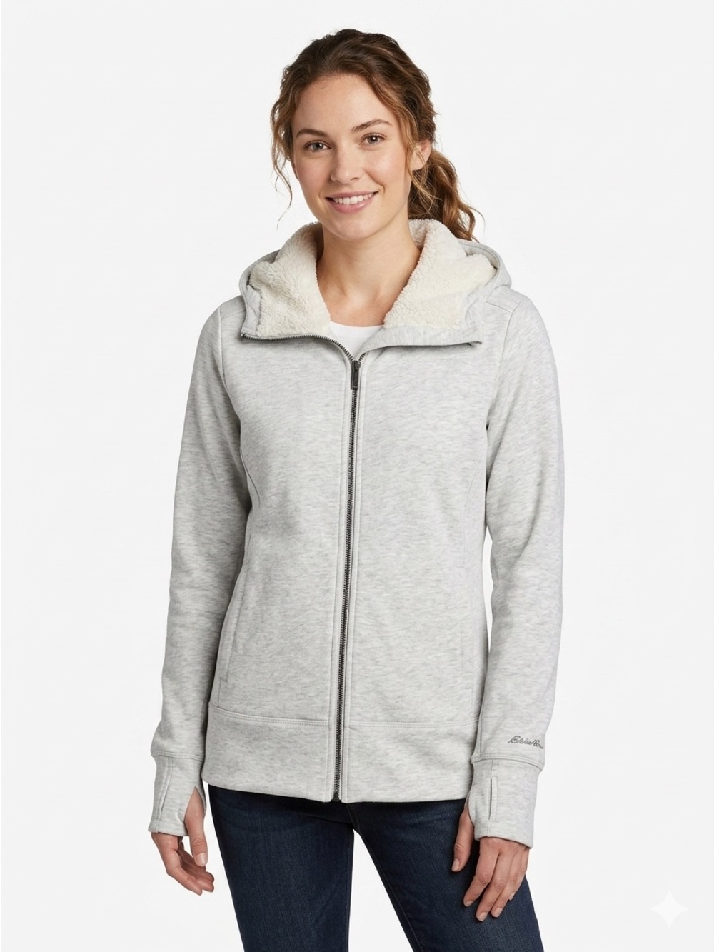 EDDIE BAUER Cozy Cabin Fleece Hoodie Faux Fur Lined Gray Jacket XL $109 EUC KL